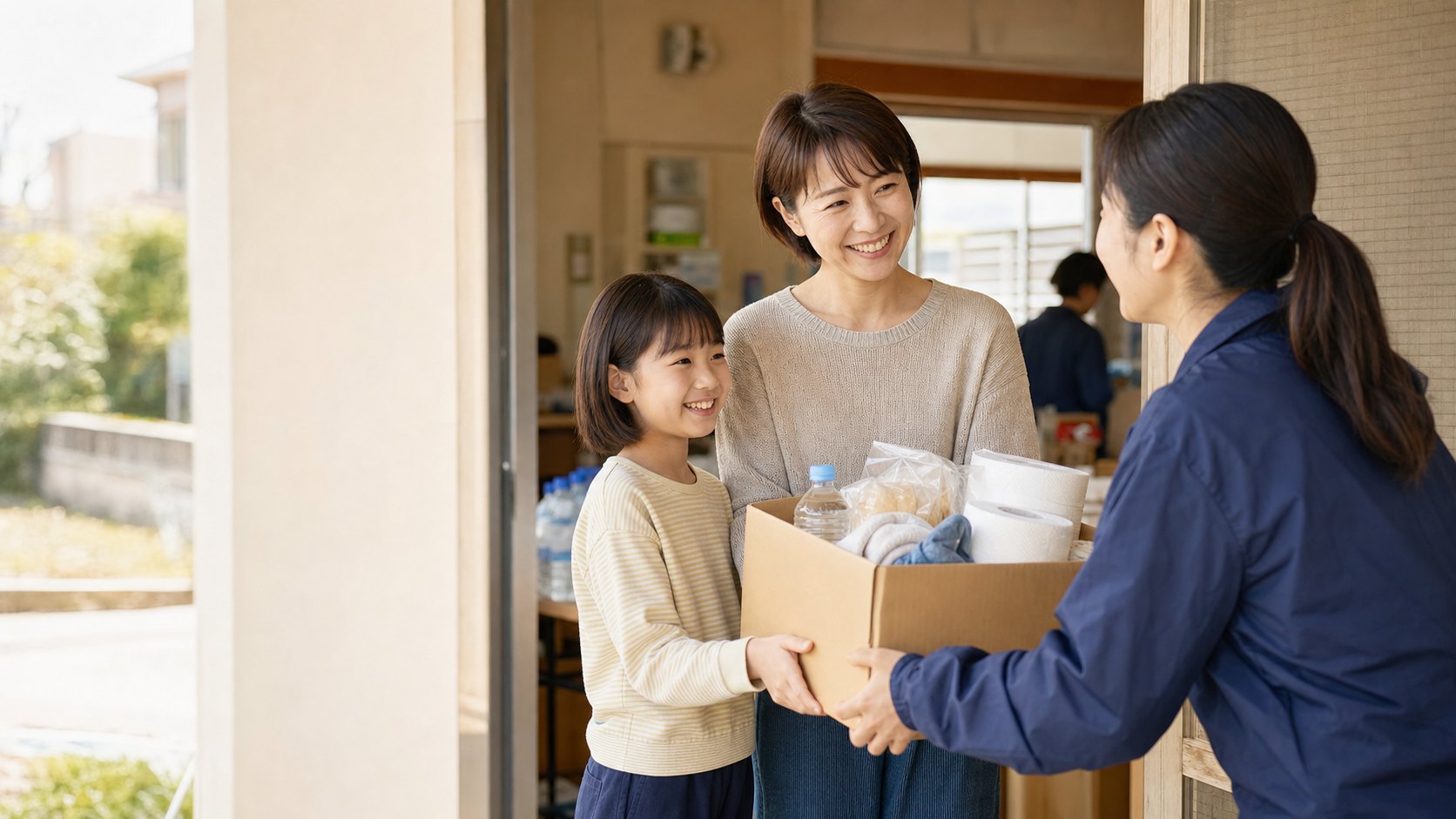 被災地で生活用品を受け取り生活再建へ向かう家族と支援者